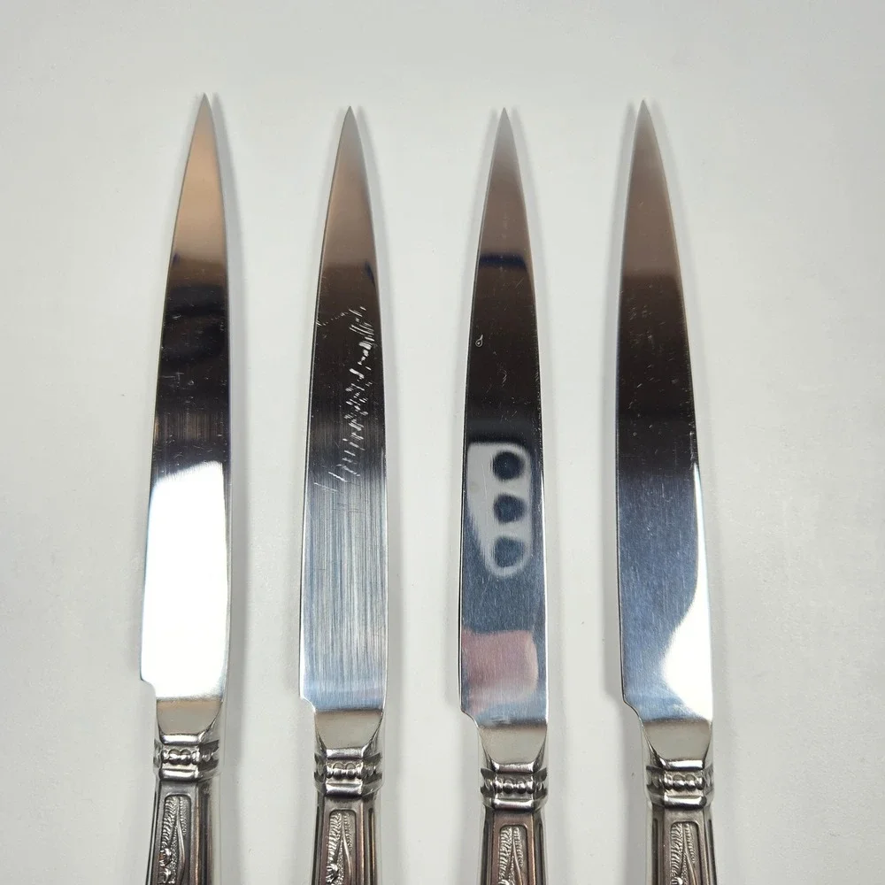 4 Vintage Regent Sheffield‎ Stainless Steak Knives Ornate Embossed Handle Japan
